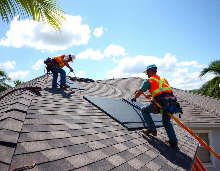 Roofing crew installing new shingles on a Miami home